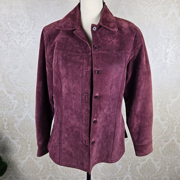 AMI Size Small 100% Genuine Leather Maroon Suede Jacket Button Front Lined - Picture 1 of 10
